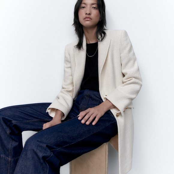 Zara Ecru Textured Coat Jacket With Golden Button - Picture 9 of 10